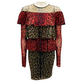 Fuzzi Red Multi Leopard Printed Tiered Mesh Dress Multiple colors