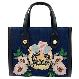 Bolsa tote Gucci em denim azul escuro com embellishments de pérolas e bordado de tigre Azul