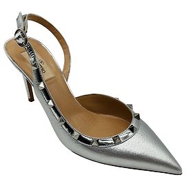 Valentino Garavani Valentino Silver Leather Rockstud Slingback Pumps Silvery