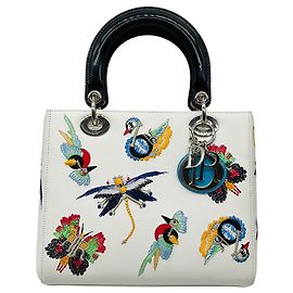 Bolsa Lady Dior média em couro de bezerro liso bordada com animais multicoloridos Christian Dior Branco