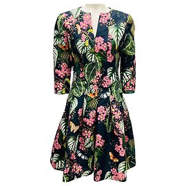 Oscar de la Renta Navy Multi Floral Printed Flared Dress Multiple colors
