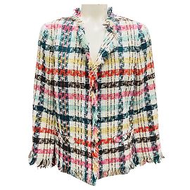 Jaqueta aberta em tweed branco multi-franjada Oscar de la Renta Multicor