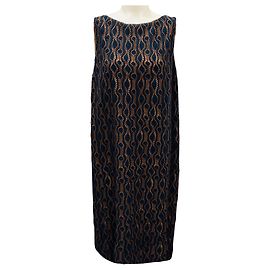 Piazza Sempione Navy / Brown Embroidered Knit Sleeveless Shift Dress Navy blue