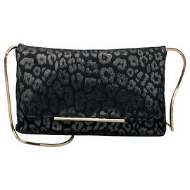 Lanvin Dark Grey Metallic Leopard Print Clutch with Gold Chain Strap Metallic