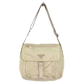 Bolsa transversal de ombro em nylon tessuto bege com logo Prada Bege
