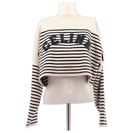 Céline Kurzes Top in Ecru mit Logo Weiß
