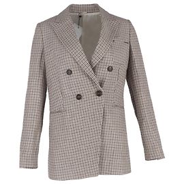 Brunello Cucinelli Houndstooth Double-Breasted Blazer in Beige Wool Beige