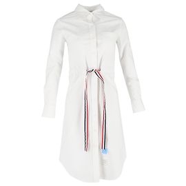 Vestido Midi Oxford em Algodão Branco com Cinto de Grosgrain Thom Browne Branco Cru