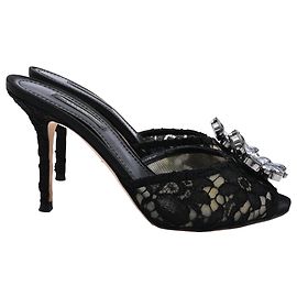 Sandálias Bianca em algodão preto com detalhes em renda e cristais Dolce & Gabbana Preto