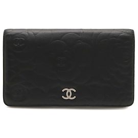 Chanel Camellia Leather Long Wallet Black