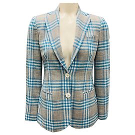 Kiton Grey / Blue Plaid Wool Blazer Grey
