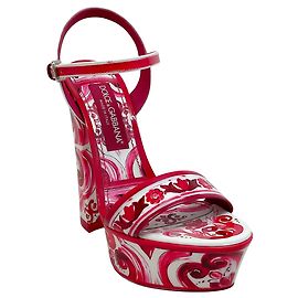 Dolce & Gabbana Fuchsia / White Patent Leather Tile Print Platform Sandals Beige