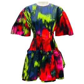 Carolina Herrera Red / Green Multi Short Sleeved Flared Cotton Mini Dress Multiple colors