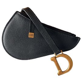 Iconic Saddle Wallet Christian Dior – black leather – 'D' charm – new, full set Black