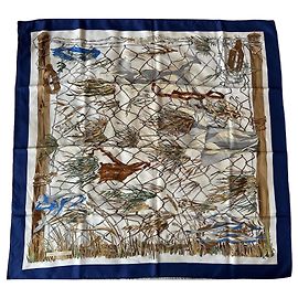 Hermès Lenço de Seda Grande Vent Marrom Branco Azul Verde