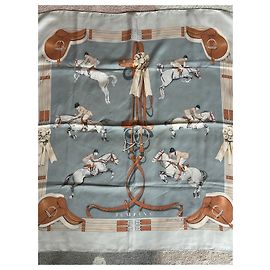 Lenço de seda Hermès Jumping Marrom Bege Branco Marrom Branco Bege