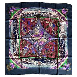 Lenço de Seda Hermès 'Tropiques' Marrom Rosa Branco Azul Verde Roxo Azul escuro