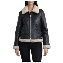 All Saints Black leather aviator jacket with shearling lining Black