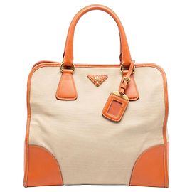 Bolsa Canapa em lona com detalhes Saffiano marrom da Prada Marrom Bege
