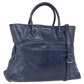 Miu Miu Hand Bag Leather 2way Navy Silver Auth 165002 Silvery Navy blue