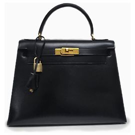 Hermès Kelly 28 Black Box Leather Handbag Hazelnut