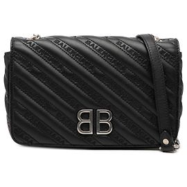 Balenciaga Black Embossed Leather Allover Logo BB Wallet on Chain Black