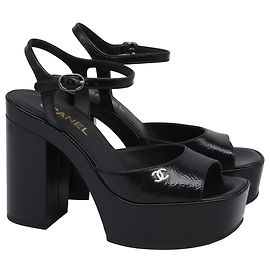 Chanel CC Ankle Strap Platform Sandals in Black Patent Leather Black