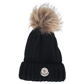 Moncler Strickmütze aus schwarzer Wolle mit Kunstfell-Pompon Schwarz