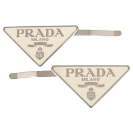 Grampo de cabelo de metal com logo triangular Prada Prata Branco