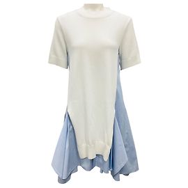 Vestido de popeline de algodão e malha Sacai branco / azul Branco