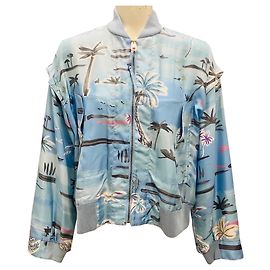 Agnona Light Blue Tropical Print Silk Bomber Jacket Blue