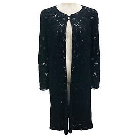 Oscar de la Renta Black Sequin Embellished Crochet Knit Coat Black