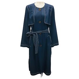Khaite Navy / White Contrast Stitching Mid-Length Coat with Belt Navy blue