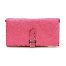 Hermès Carteira bi-fold em pele de cabra Mizore Rosa Azaléia com tom prateado (carimbo) Rosa