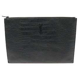 Saint Laurent Black Crocodile Pattern Monogram Document Holder Clutch Black