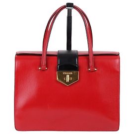 Prada Red Leather Tote Bag with Gold Accents Red