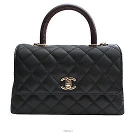 Chanel Coco Handle Medio Nero Caviar Lucertola Interno Champagne Oro Con Chip Nero