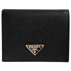 Prada Black Saffiano Triangle Logo Folding Wallet QHH Black