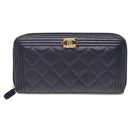 Chanel Navy Lambskin Boy Zip Long Wallet Blue