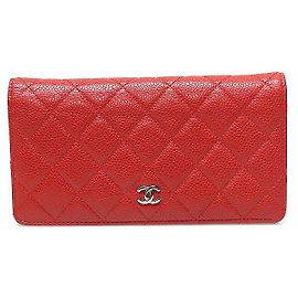 Chanel Red Caviar Silver Classic Long Flap Wallet Red