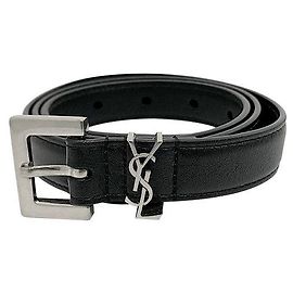 Saint Laurent Monogram CASSANDRE Logo Slim Belt Black/Silver Black