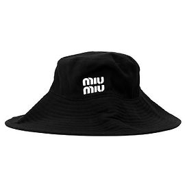 Miu Miu Logo Drill Embroidered Cotton Denim Bucket Hat Black White Black