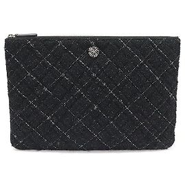 Chanel Black Tweed Lambskin Silver Tone Large Clutch Collection) Black