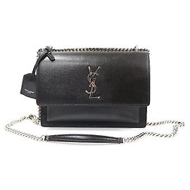 Saint Laurent Bolsa de ombro média em couro de bezerro preto com corrente prateada Sunset Preto