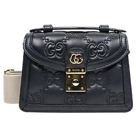 Gucci Small Black Leather Matelassé Top Handle Shoulder Bag Black