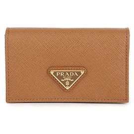 Prada Saffiano Triangle Logo Card Holder Brown