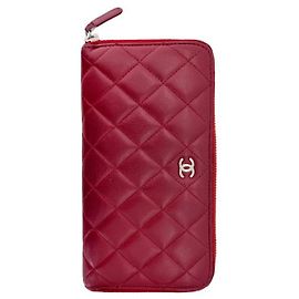 Chanel Women's CC Logo Silver-Plated Lambskin Quilted Leather Zip Long Wallet Red Red