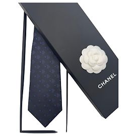 Chanel CC Logo Men's Checkered Tie Navy Blue