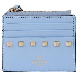 Valentino Leather Rockstud Zip Card Holder Blue