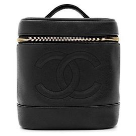 Chanel Women’s CC Logo Caviar Top Handle Cosmetic Pouch Vanity Handbag OS Black